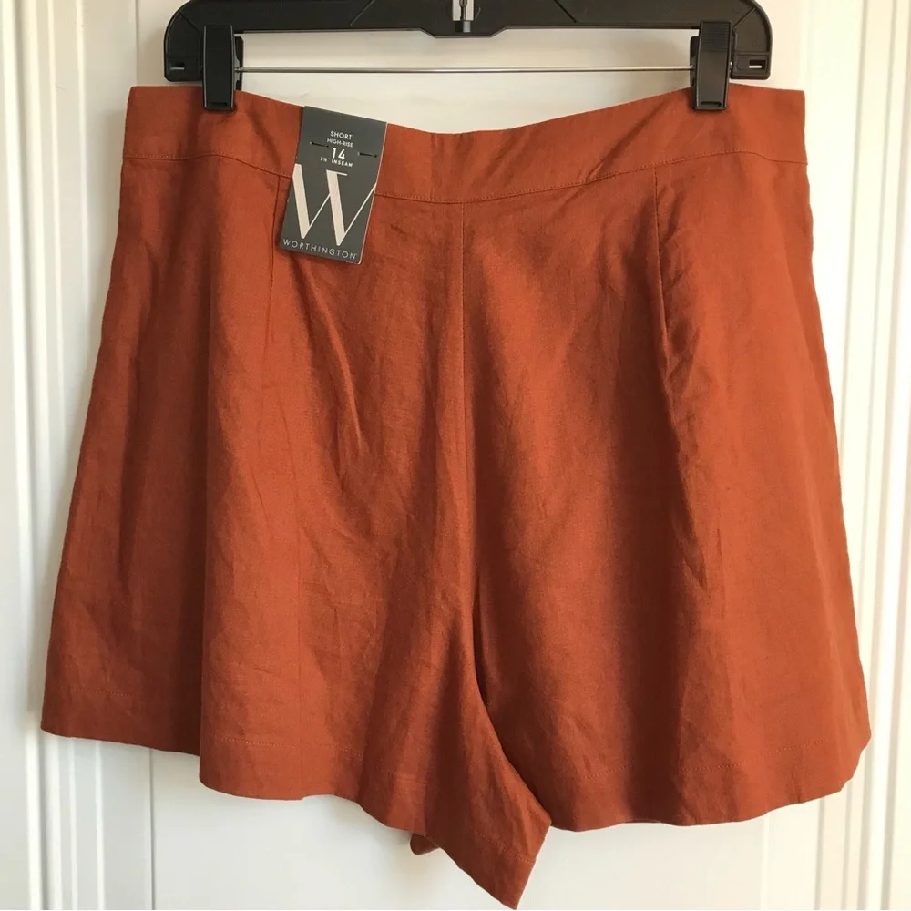 Worthington New Women’s 14 Santiago Rust Orange High Rise Linen Pleat Shorts NWT - Picture 9 of 13